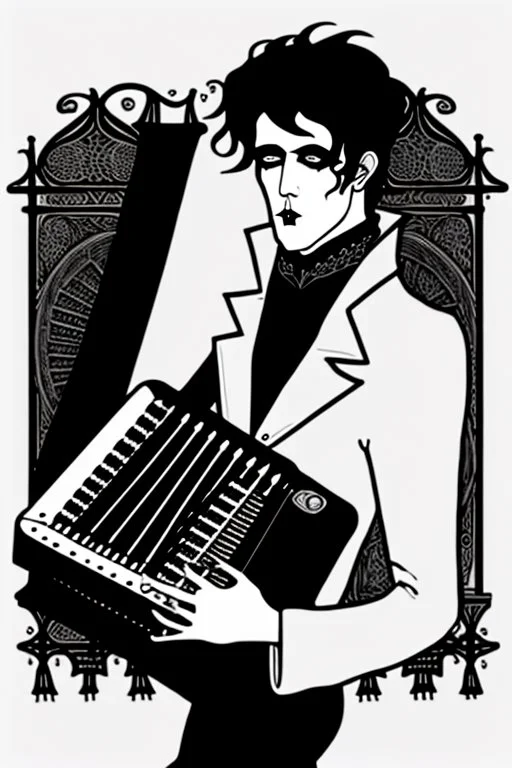 goth male necromancer with black hair playing a autoharp in the style of Aubrey Beardsley