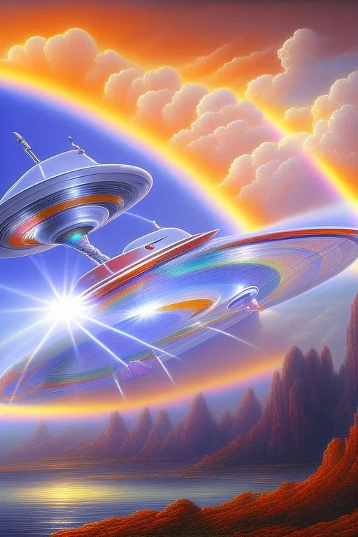 intergalactic very beautiful ufo rainbow futurist,mother ship pleiadien, crystal and light