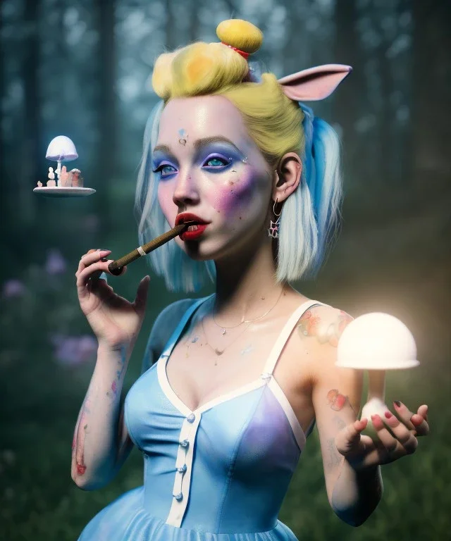 Ultra realistic wonderland photo, happy blonde Alice smoking a pipe, blue dress, white rabbit pet, circus dress style, old school tattoo, smoke, marijuana garden, glow eyes, perfect iris, little mushroom balloons, soft color, highly detailed, unreal engine 5, ray tracing, RTX, lumen lighting, ultra detail, volumetric lighting, high definition.