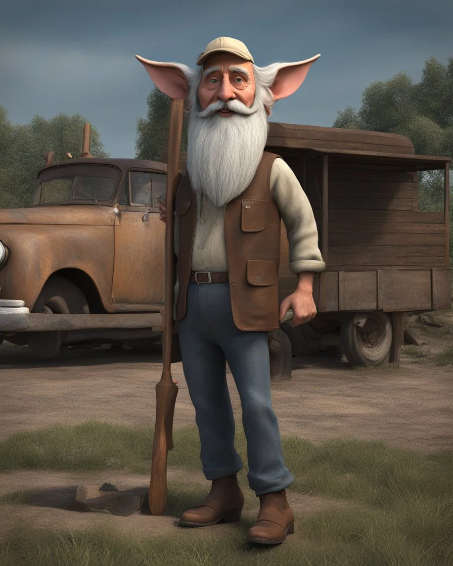 full body picture of a old long haired and long bearded, insane kentucky hill billy trailer trash farmer , with gigantic ears, award winning hyperrealistic, , 3d statue!!!, , 3 d artist, hill billy!! trailer trash !!, award winning 3d render, digital artist, award winning digital art, profile picture 2048px, hyperrealistic picture