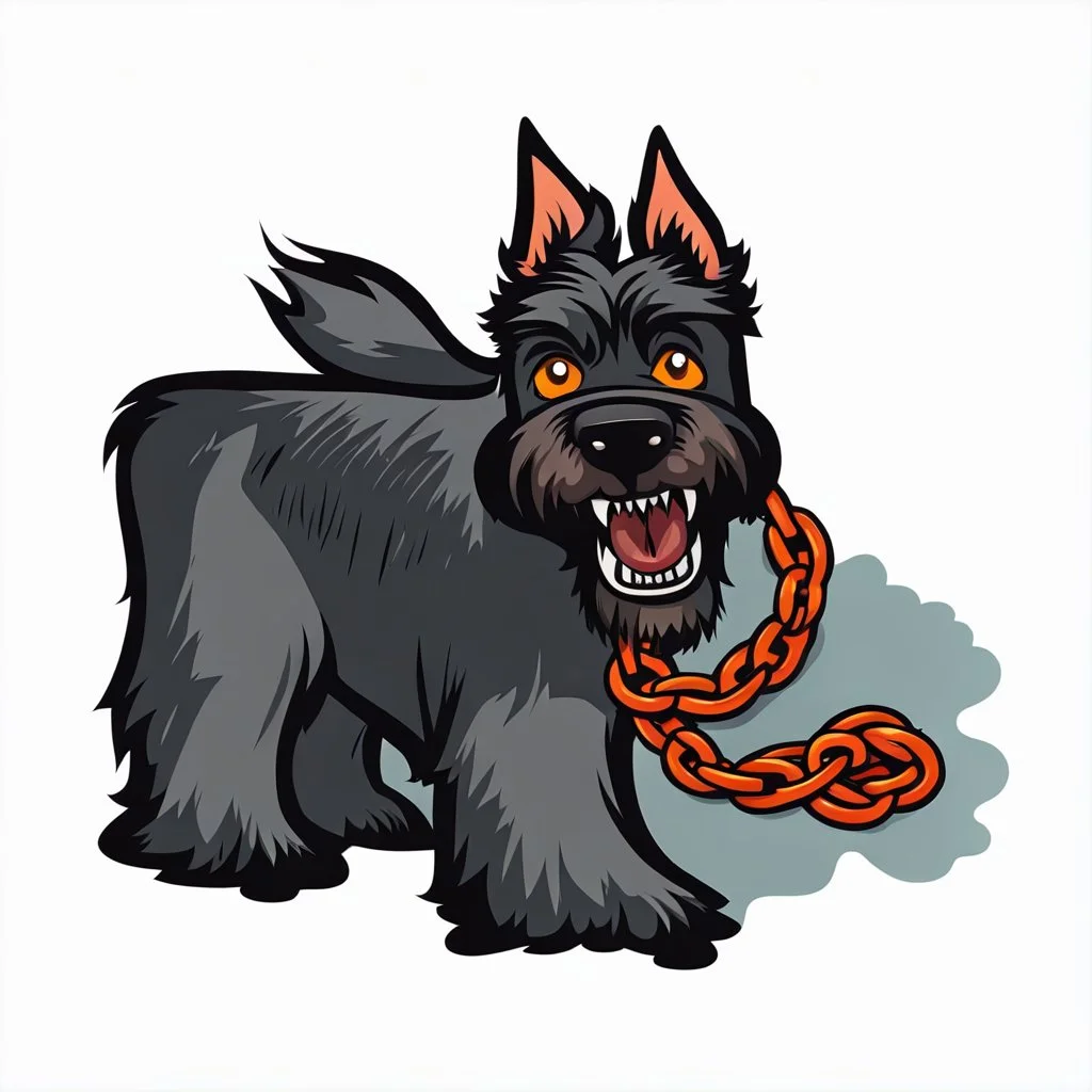 head of angry Scottish Terrier dog, facing viewers left, with blood shot eyes and bloodied teeth and bushy fur, an orange color chain collar around neck, vector