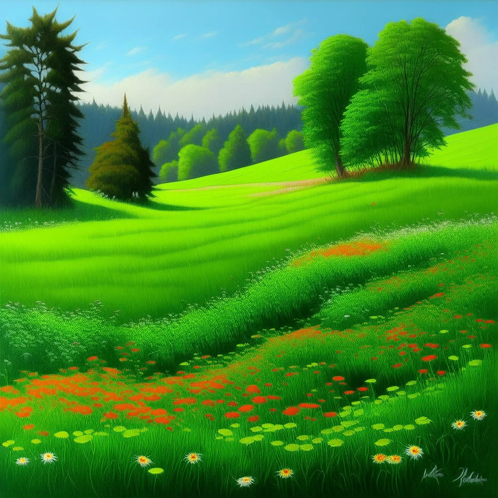 A green meadow with flowers painted by Frank Wilson