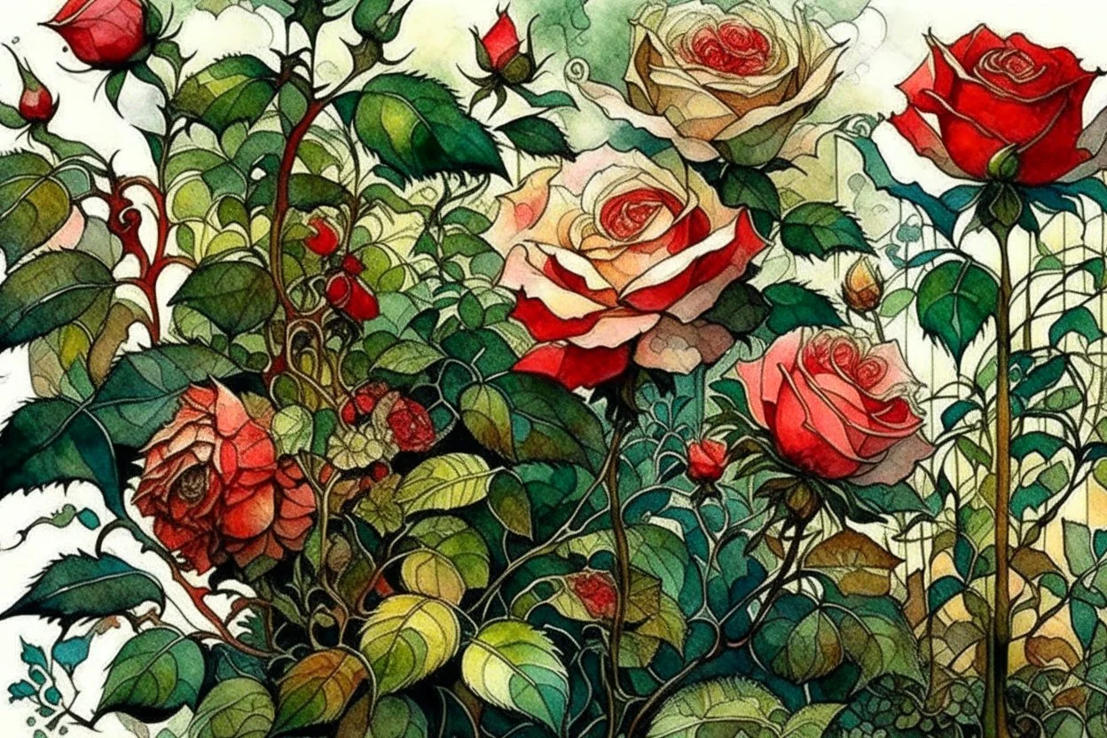 beautiful intricate rose field, soft delicate watercolor, dramatic, perfect composition, by Arthur Rackham highly detailed intricate very attractive beautiful fantastic view watercolor Arthur Rackham Jean-Baptiste Monge Egon Schiele muted tones professional Enki Bilal patchwork watercolor and ink Xuan Loc Xuan