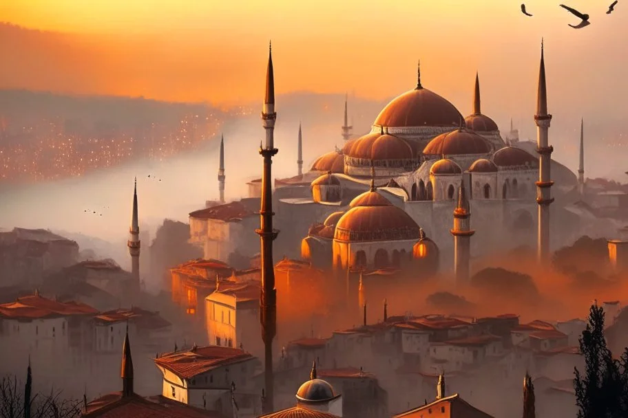 Bird's-eye view of Istanbul at sunset, with Hagia Sofia visible, in the twilight, and fog and mist rolling in between the houses. Pastel brown and orange colors, sepia highly detailed digital painting elegant very attractive beautiful award winning fantastic view crisp quality acrylic art