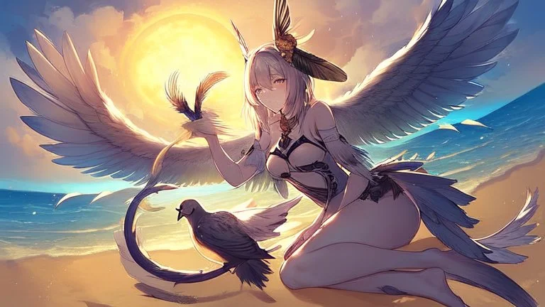 Highly detailed medium shot of a bird, sand, hot, cute, feathers, wings, tail, sun, large