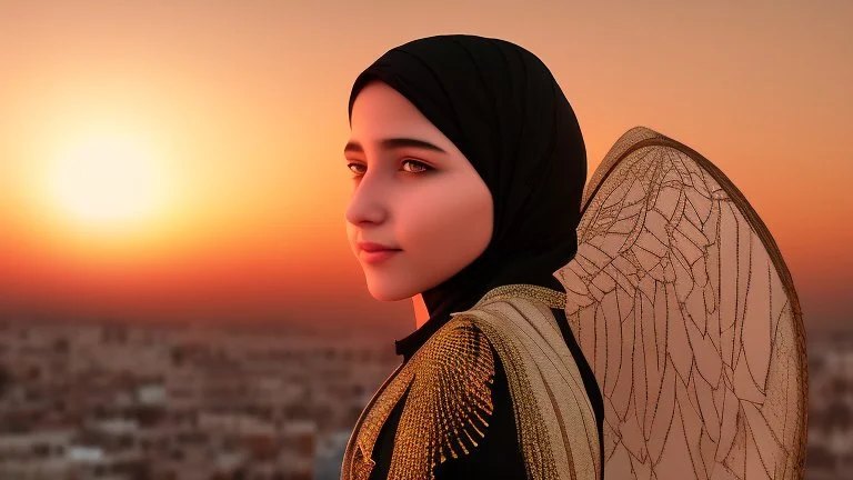 A Palestinian girls have wings wearing an palestinian dress in gaza during sunset in winter.