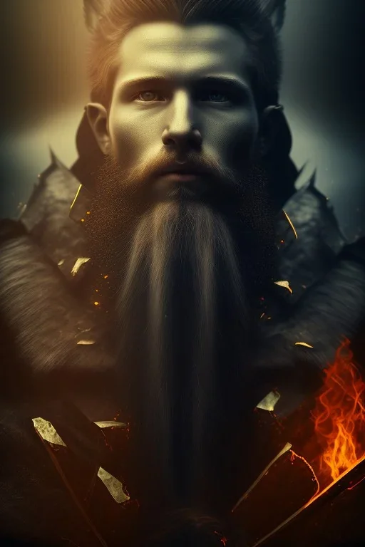 portrait photography of an ethereal beautiful god, Fire theme art, Dark moody lightning night atmosphere, Portrait of a Viking man by Michelangelo, 8K, close-up face, anatomically perfect face, big oak tree roots, ignore NSFW