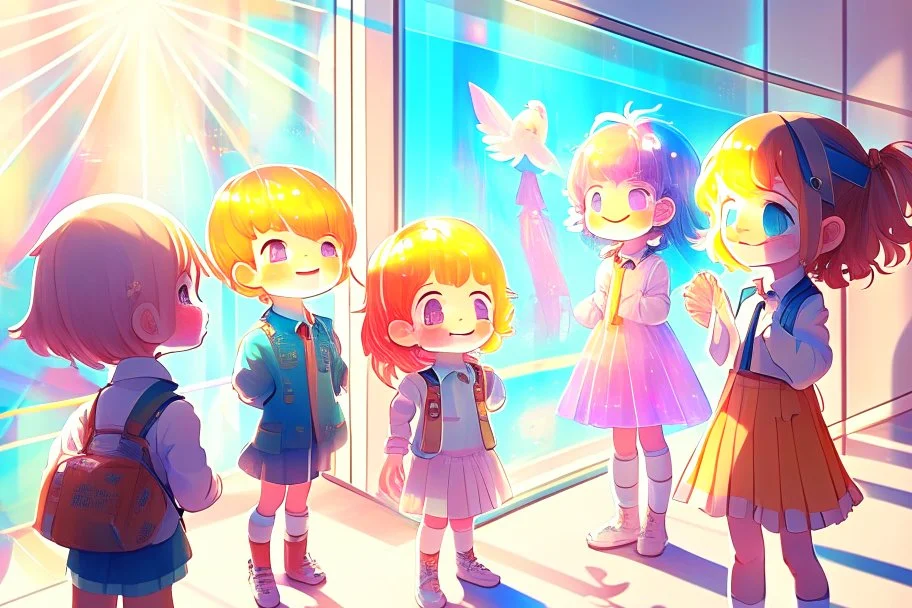 cute chibi holographic girls and boys looking at pictures happily at an exhibition room in sunshine