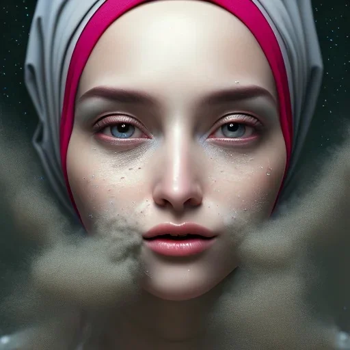 surreal, close up portrait of woman in hijab dissolving into blowing dust, dissolving into multiple particles of swirling fog, fine detail, highly intricate, modern surrealism painting, high-quality, volumetric lighting, 8k, ultrahd, George Grie, Marco Escobedo, Igor Morski,Brian Froud, Howard Lyon, Selina French