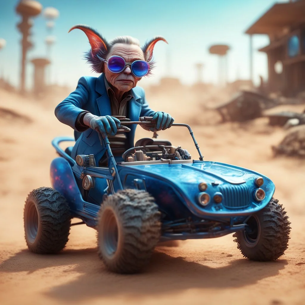 airbrush with pen outline, cool space pimp Christopher Walken gremlin with a psychedelic dune buggy in action scene, wearing driver gloves, wearing flip down blue blocker glasses, in the style of a fallout 4,bokeh like f/0.8, tilt-shift lens 8k, high detail, smooth render, down-light, unreal engine, prize winning