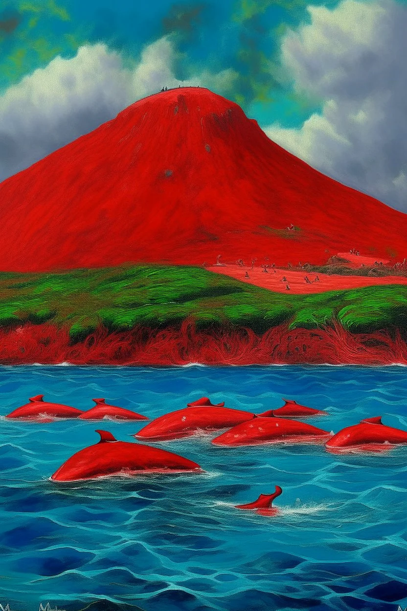 A red volcanic island with dolphins painted by Claude Monet