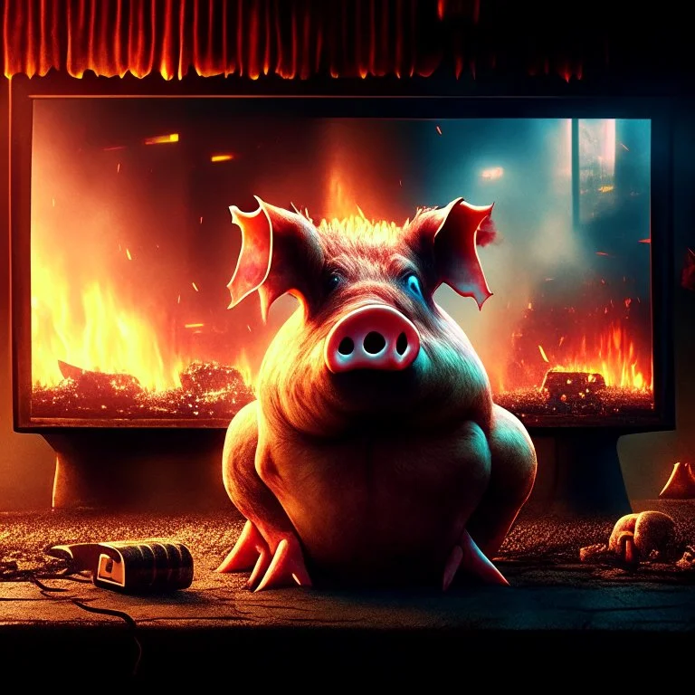 fire font realistic gamer pig watching movie about mushrooms cinema in the background