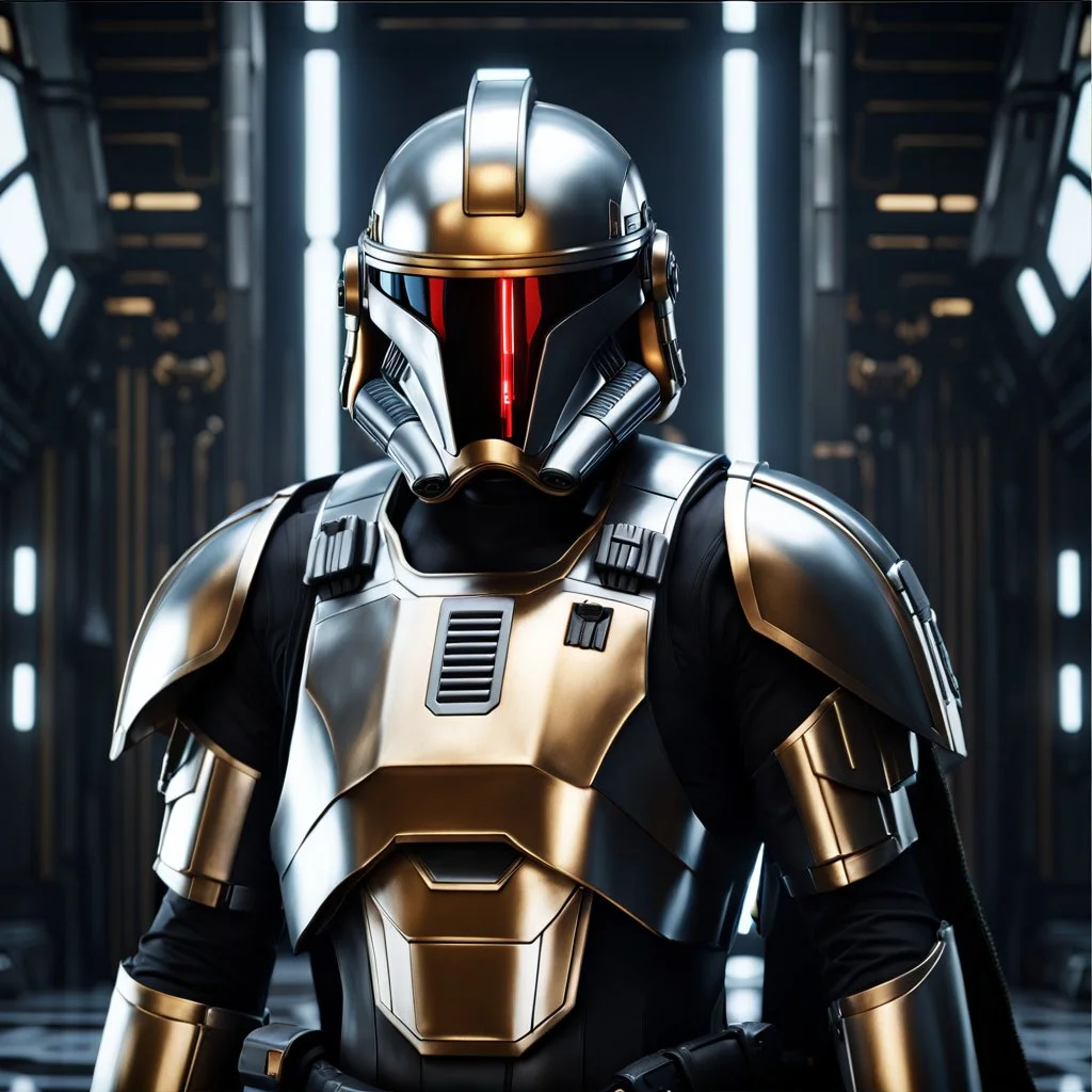 star wars bald male corellian pilot wearing pearlescent black and gunmetal grey First Order special forces heavy assault armor and helmet with gold trim inside the jedi temple, centered portrait, hyperdetailed, dynamic lighting, hyperdetailed background, 8k resolution, volumetric lighting, light skin, fully symmetric details