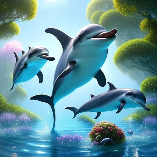 pixar style, volumetric summer garden environment and background, realistic painting of a cute dolphin, looking excited, detailed digital painting, extreme dense and fine fur, anime, ornate, colour-washed colors, elegant, small minutiae, tiny features, particulars, centered, smooth, sharp focus, renderman gofur render, 8k, uhd, detailed eyes, realistic shaded volumetric lighting, sunlight caustics, backlight, centered camera view