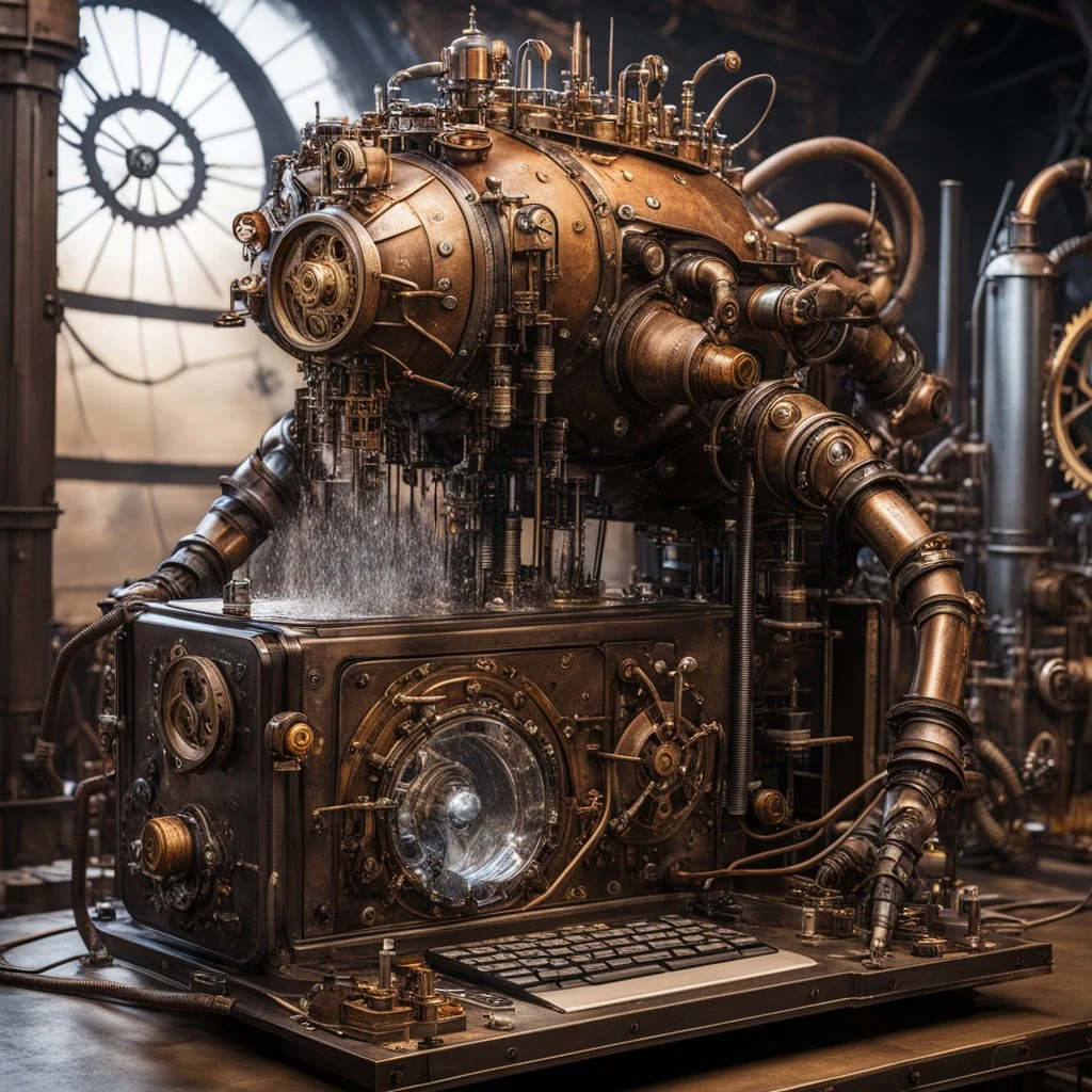 creature made of liquid in front of a steampunk computer