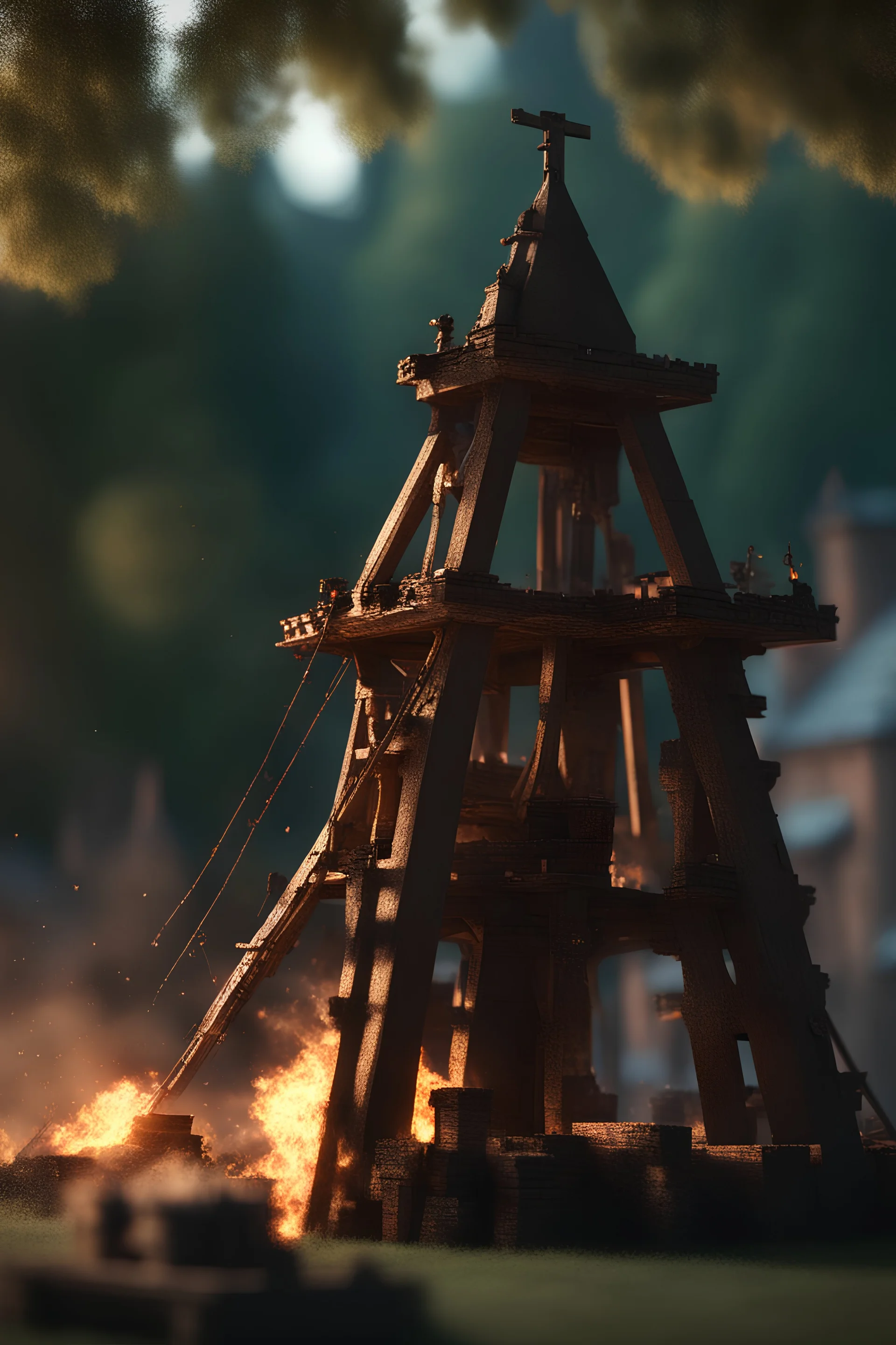 trebuchet fire at castle, bokeh like f/0.8, tilt-shift lens 8k, high detail, smooth render, down-light, unreal engine, prize winning