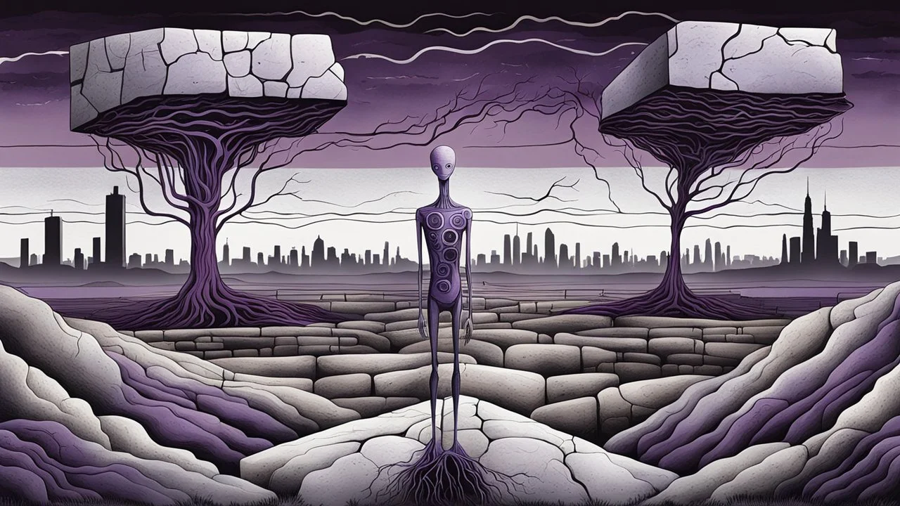 inner an giant block of stone a nonbinary human figure stands of several layers outside around weird landscape with city in the distance, sharp lines, fade pale eyes, fade human figures in city, dark purple, gray, black, white, brown. Whimsical style and surreal vibe, lonely with absurd broken land, neuron network background, surreal nightmare vibe