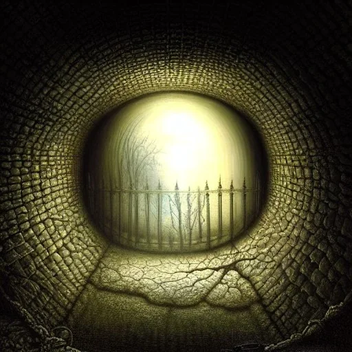 a large, hyperrealistic human eye at the end of a long, dark abandoned tunnel, intricate, 8k resolution, high-quality, fine-detail, intricate, digital art, detailed matte, volumetric lighting, dynamic lighting, photorealistic, surrealism, George Grie, Ben Goossens, Igor Morski