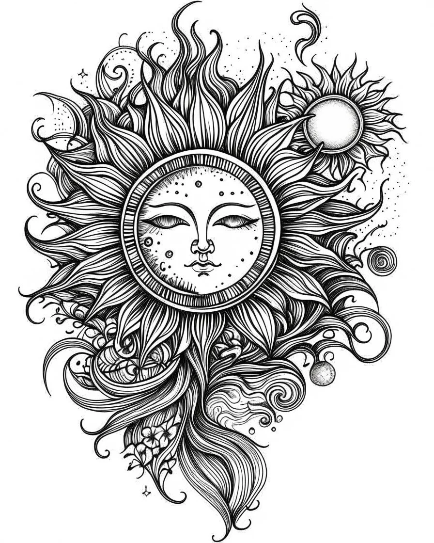 realistic sun tattoo idea, line art, background, vector, svg, black outline on white background, leave plenty of white space beetween lines for coloring, tattoo style, tattoo idea,full body