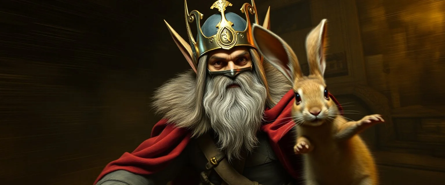 king elf ninja mouse rabbit in style of Rembrandt and Fallout 4, with motion blur