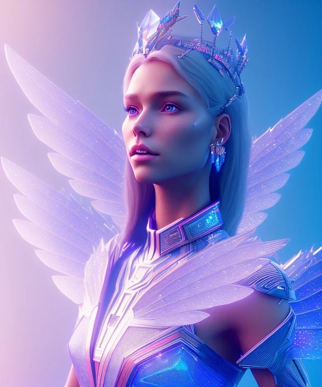 A crystalised queen, atmospheric, realistic, unreal engine, cinematic lighting, octane render. blue, pink, transparency, light, shine,bright, full body, transparent wings, blonde, long hair, nice smile