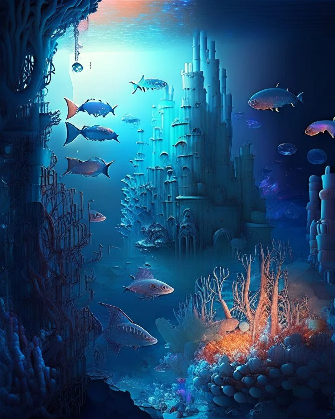 A vast underwater world with luminescent creatures and coral castles