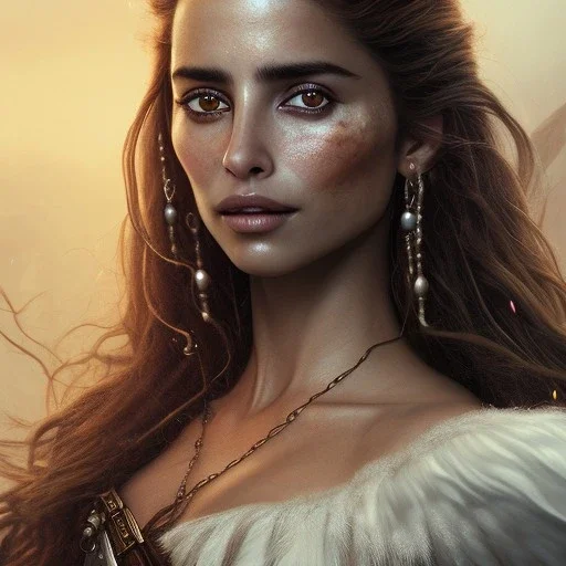 best quality, realistic lighting, masterpiece portrait of Penelope Cruz from pirates of the Caribbean, details, light dusting of freckles, shot from above, simple chain hauberk, warhammerVector art matte painting digital illustration 3D shading CryEngine Behance HD 3Delight