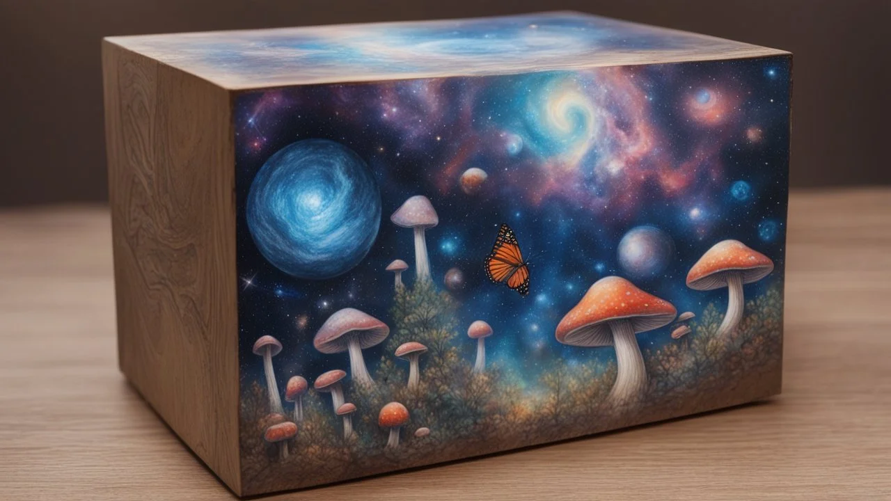 a box 10 cm long by 5 cm wide and 25 cm high, drawn on a box on all sides, butterfly nebula, mushrooms, space, tress, planets, realistic