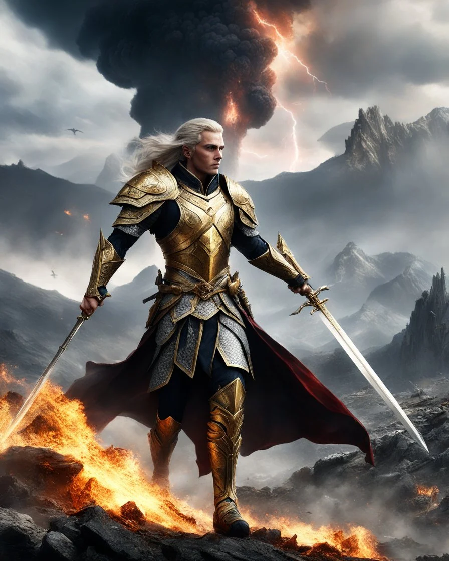 A length photography realistic details, of battlefield the Handsome King Guardian Elven,wearing dress luxurious steel armor decorative golden,running action hold sword as leader,he on bring and leading armys groups following from back side ,big mountain eruption blow fire background with epic lightning bolts in the sky and a dragon flying in the sky and some ruins in the foreground