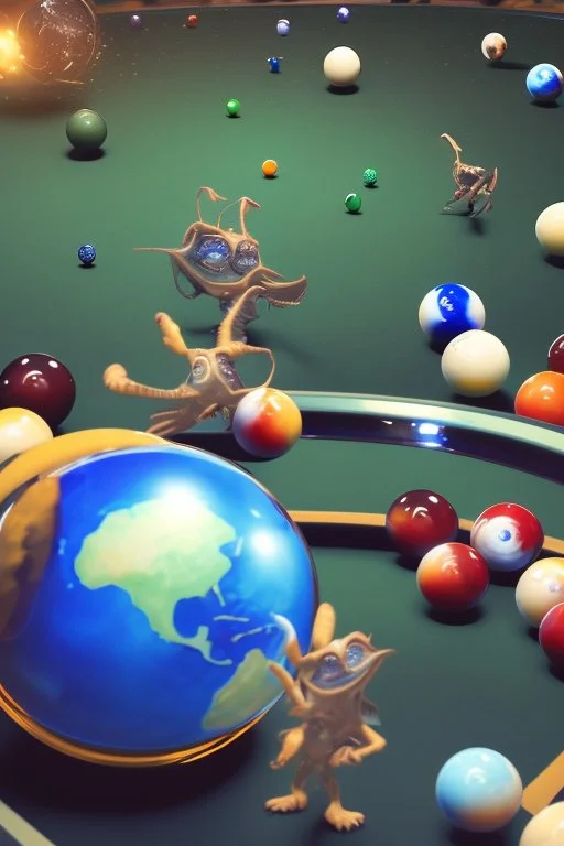 2 Aliens are playing pool and laughing. the balls on the table are planets. The main ball is planet earth. High resolution, 3d render and 8k