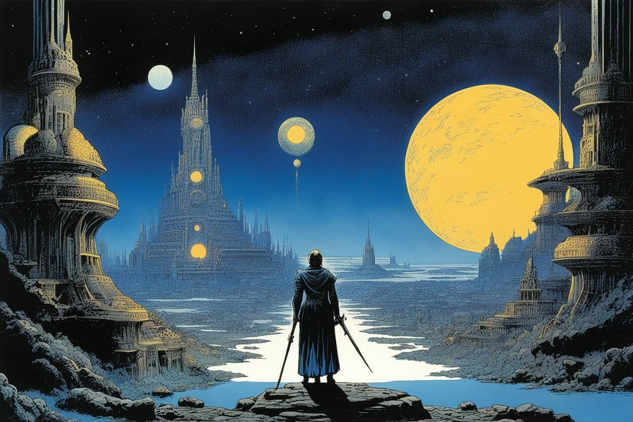 (art by Philippe Druillet's Délirius, 1973, written by Jacques Lob) Sloan in the celestial city: Hold me back or I'll make a mess