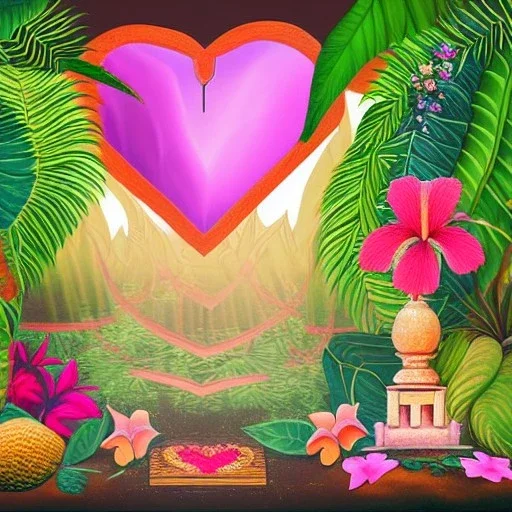  Tropical flowers, heart drawing, crystals, tropical leaves, sacred altar, Fantasy temple, Surreal landscape.