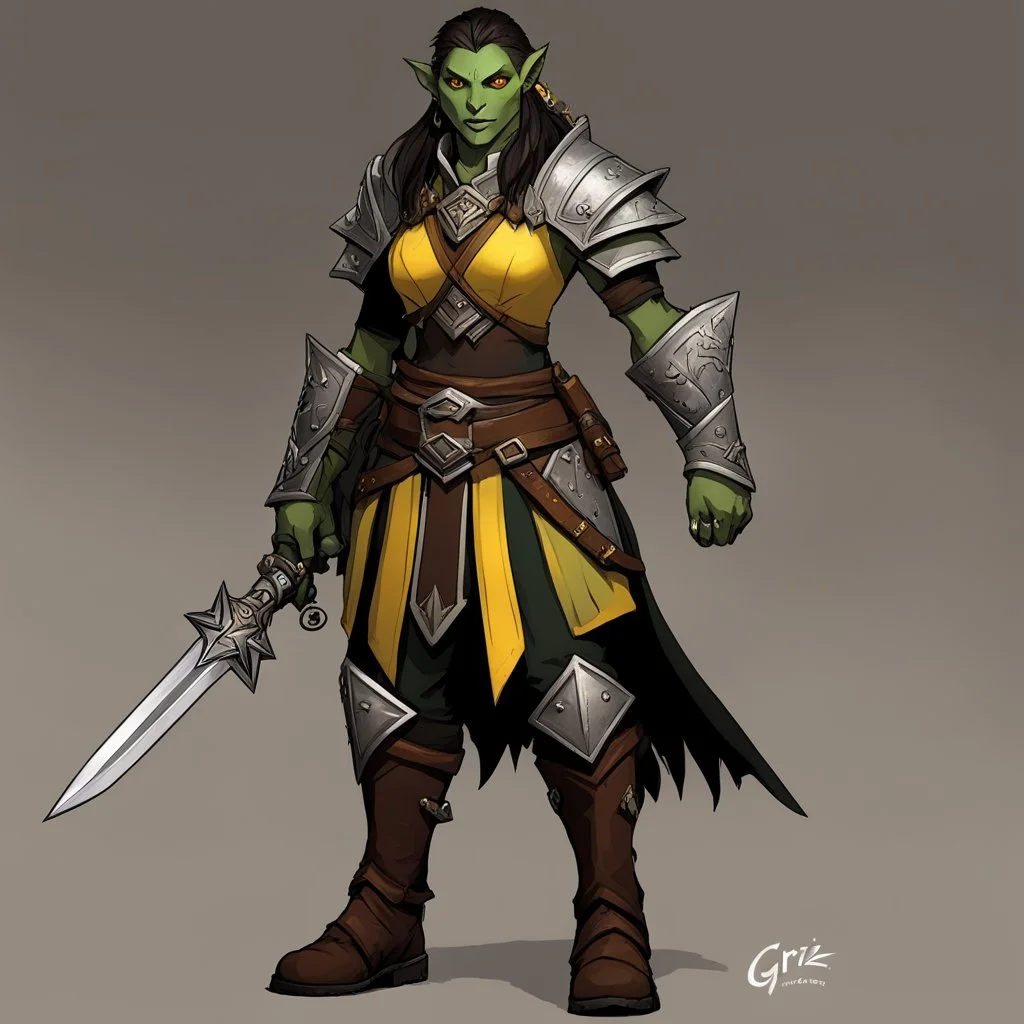 Griz the half-orc cleric with leather boots. You recall her striking appearance: greenish skin marked with ritual scars, yellow eyes that burned with a rare intelligence. She was an outcast among her own kind, drawn to divine magic despite the taboos. Griz's yellow eyes follow your approach, her stance shifting subtly as you draw closer. The ritual scars on her arms pulse with a faint inner light.