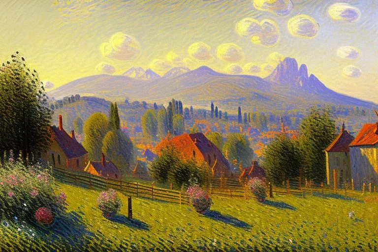 Sunny day, distant mountains, fence, alfred sisley impressionism painting