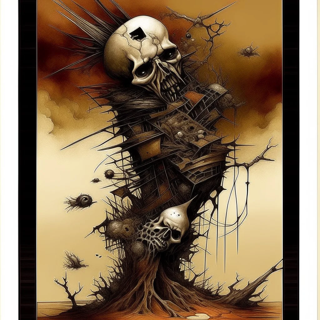 Strychnine totem, abstract surrealism, by Phlegm and Dave McKean, silkscreened mind-bending illustration; warm colors, off-centered fragmented composition, multiple stages of grief, dark shines war,