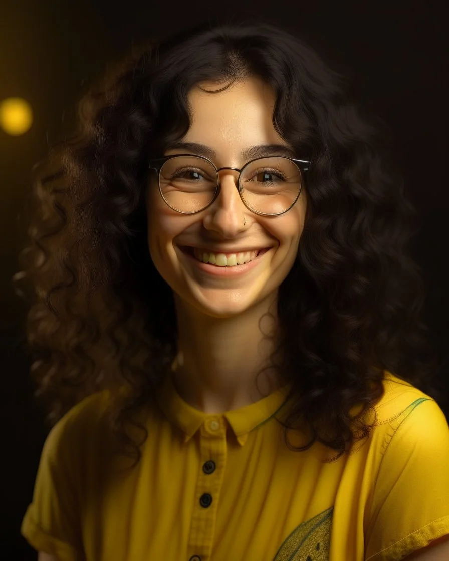 Jeune femme au sourire éclatant, longue et élancée, cheveux noirs bouclés et volumineux, porte de grandes lunettes rondes à la monture transparente. Elle porte un t-shirt de couleur jaune moutarde avec une chemise florale transparente. Rembrandt style lighting, 8k, portrait, HD.