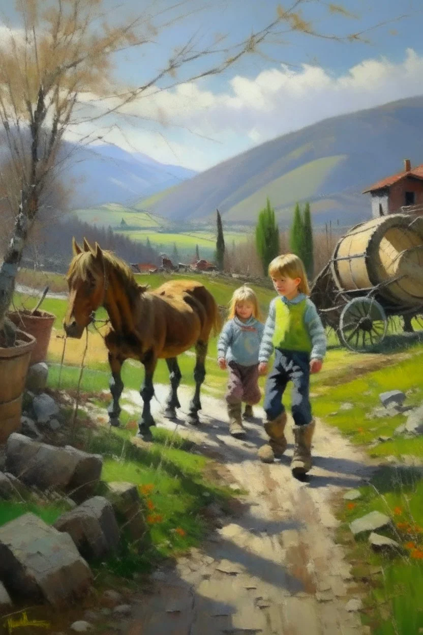 Spring in skåbu, sun, portrait of children walking in mountains, horse, broken old tractor, prize winning oil painting