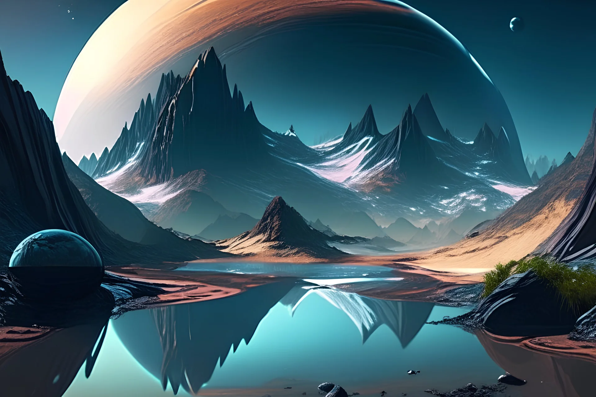 exoplanet, stream, mountain, sci-fi.