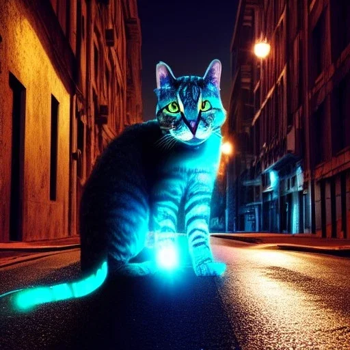 ultrarealistic, dramatic lighting, cyber cat in a street