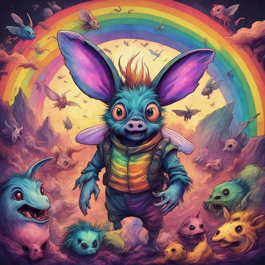 rainbow old paper style scary monsterdark wasps evil swarm of the swine pigpen pigsty in an epic capitalistic , make them swag angelic poggers bugs bunny photorealisitic borderlands colourful cosmos lil nas x, baksinski, lovercraftian