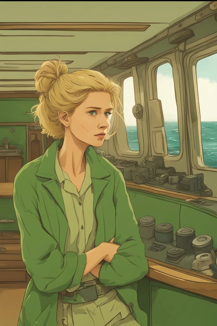 23 years old girl, with blond hair and a messy bun like selah sue. standing on in a green boat, wearing green clothes and holding binoculars watching something in the middle of the sea. You see the whole boat. You see the gril in front. It's a ferry. Wes anderson style. In front. Sarcastic vibe. Old school interior. she stands in the kitchen of the boat.