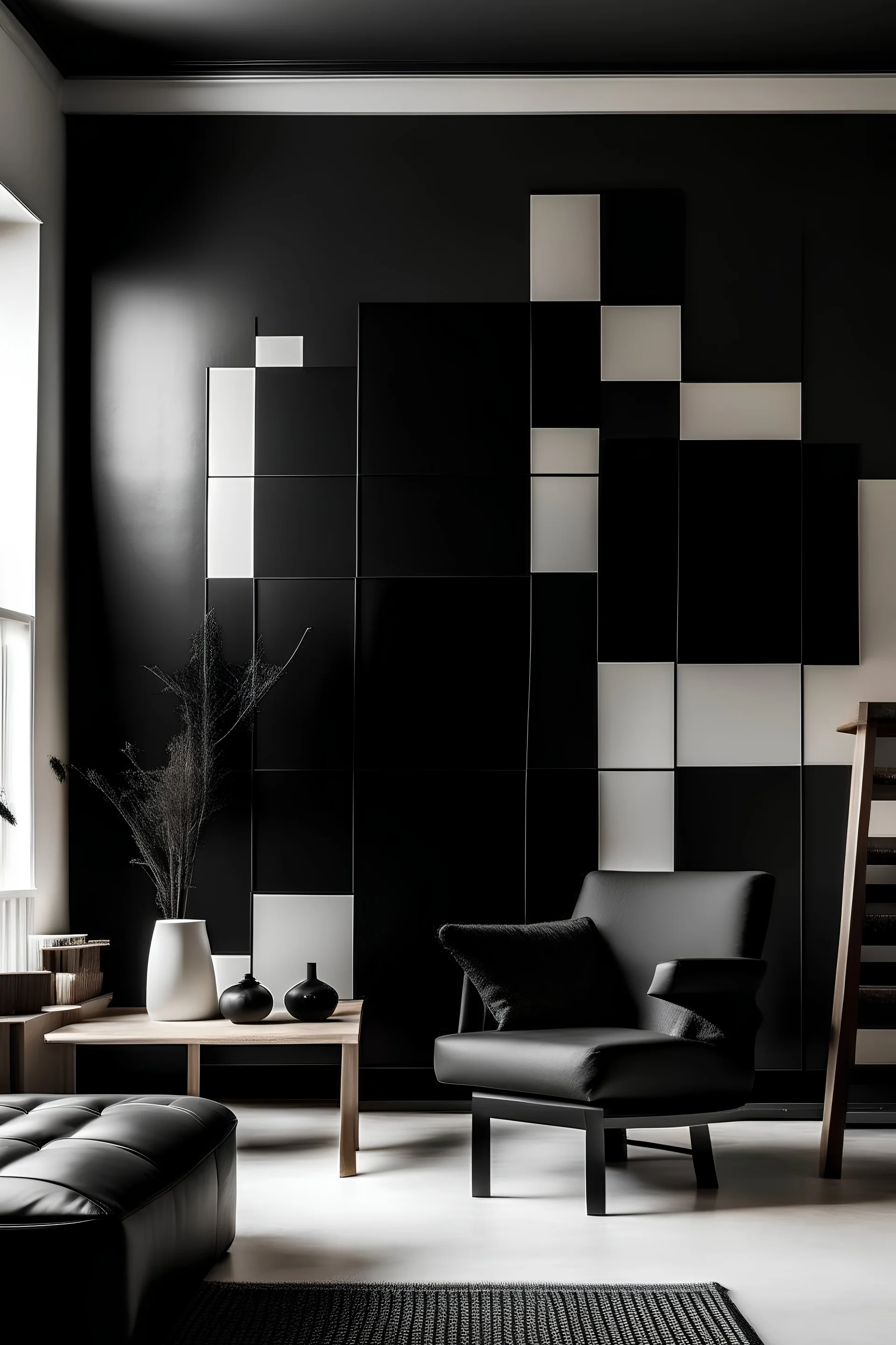 Create handpainted wall mural featuring black squares in a harmonious arrangement, paying homage to the iconic 'Black Square' of Suprematist art. Embrace simplicity and balance."