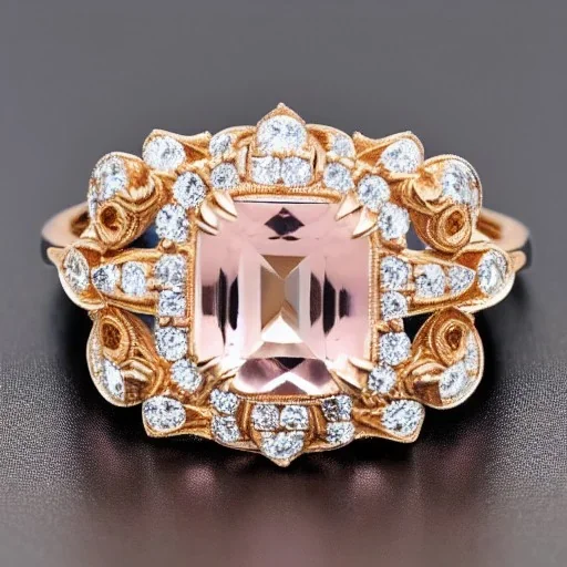 diamond and morganite ring, art noveau, filigree, floral, breathtaking, highly ornate, delicate, intricate, photorealistic, high fashion, fine jewellery, luxury, designer