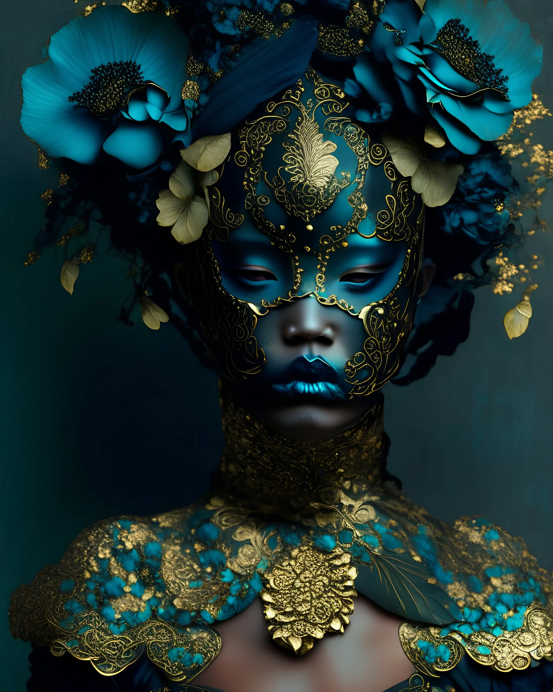 Beautiful young vantablack othica woman portrai, adorned with indonesian jadevine flower teal colourpalimpsest art nouveau voidcore jadevine floral headress, venetian style Golden filigree floral embossed masque wearing venetian palimpsest art nouveau jadevine floral embossed costume dress Golden dust and silver gradient colour, organic bio spinal ribbed detail of palimpsest art nouveau camelia japonica full floral background extremely detailed hyperrealistic maximálist concept portrait art