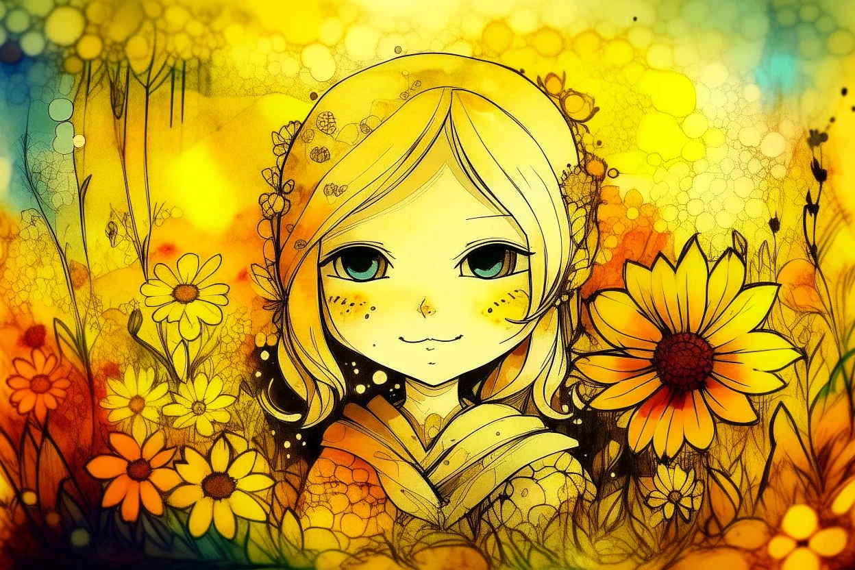 double exposure, merged layers, painted and burned burlap, cute chibi anime flower princess in a flowergarden, melting watercolor and black ink outlines on wet paper, soft, shading strokes, in sunshine, ethereal, otherwordly, cinematic postprocessing, bokeh, dof