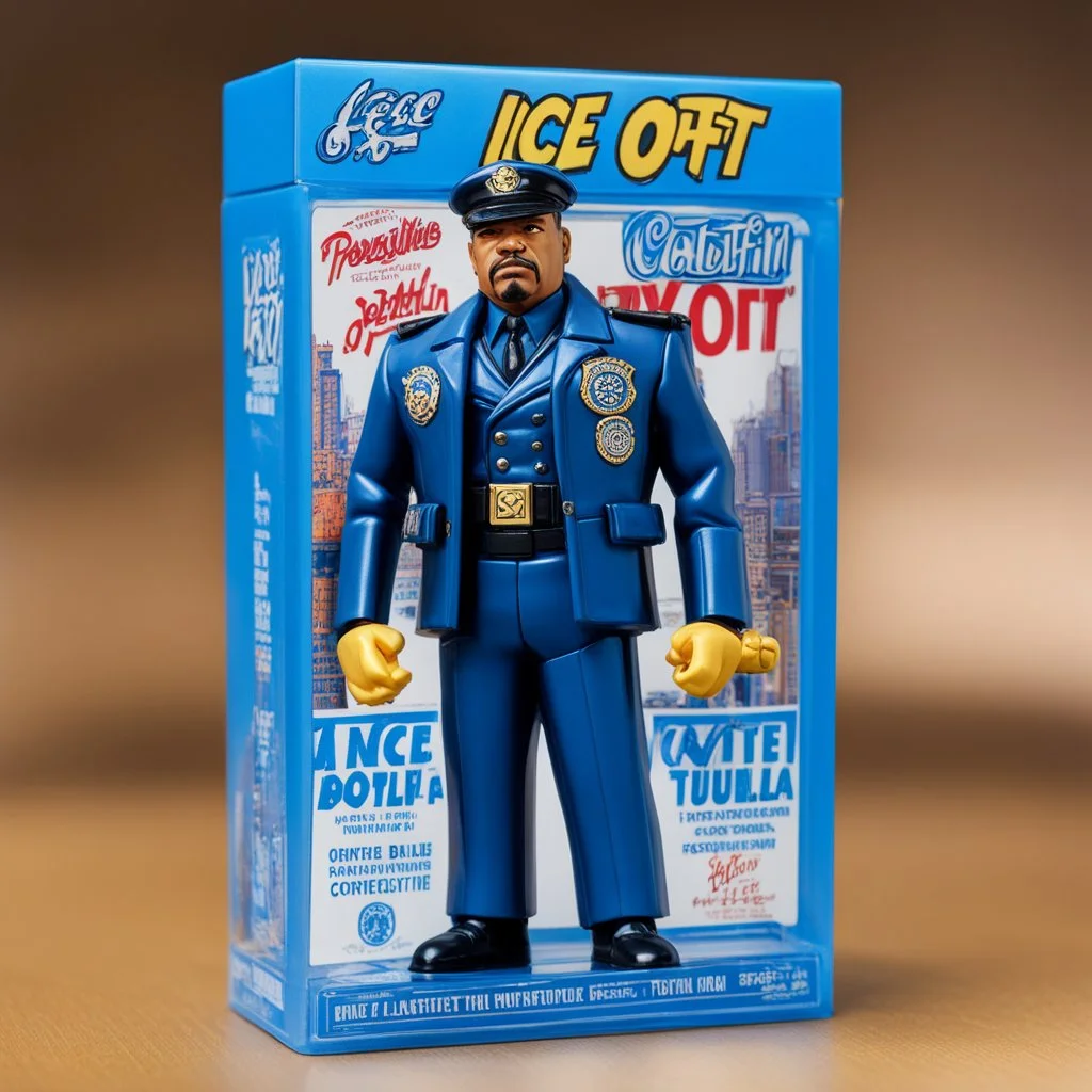 A photograph of a pristine action figure encased in its packaging, evoking a sense of collectible wonder, styled after a vintage toy advertisement. The box prominently displays "Ice-T" in bold, stylized lettering, with the action figure inside clearly resembling Ice-T as NYPD detective/sergeant Odafin Tutuola, possessing his iconic features confidently with a badge