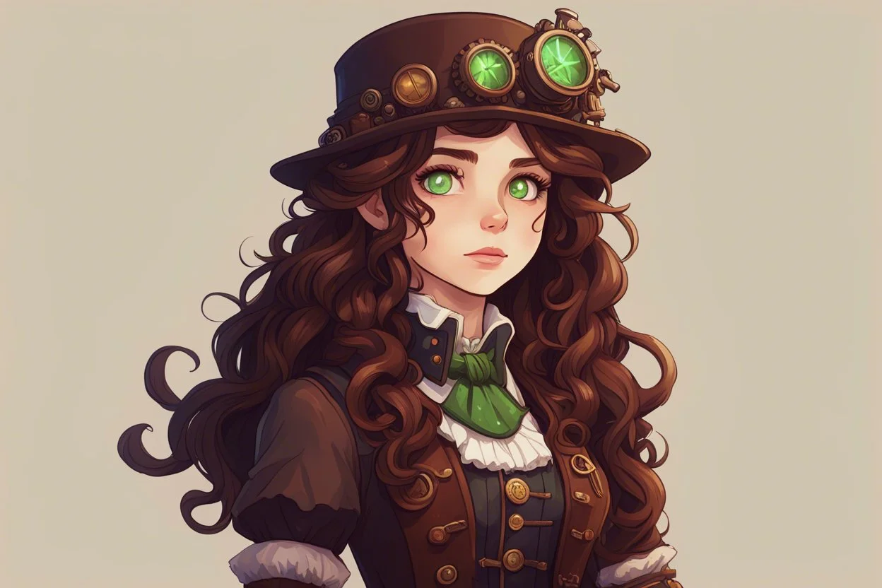 Девушка с длинными, волнистыми темно-каштановыми волосами, зелеными глазами, одетая в одежду в стиле стимпанк, stardew, стиль долина, подросток