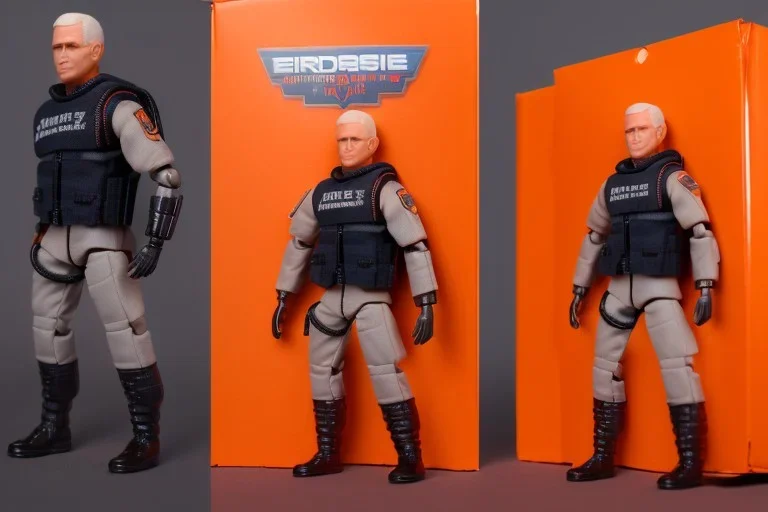 Mike Pence G.I. Joe action figure Doll Space force uniform inside blister packaging hanging on a Wallrack in toy store, fluorescent orange, toy guns, wide angle shot whole body, black boots, fullsize