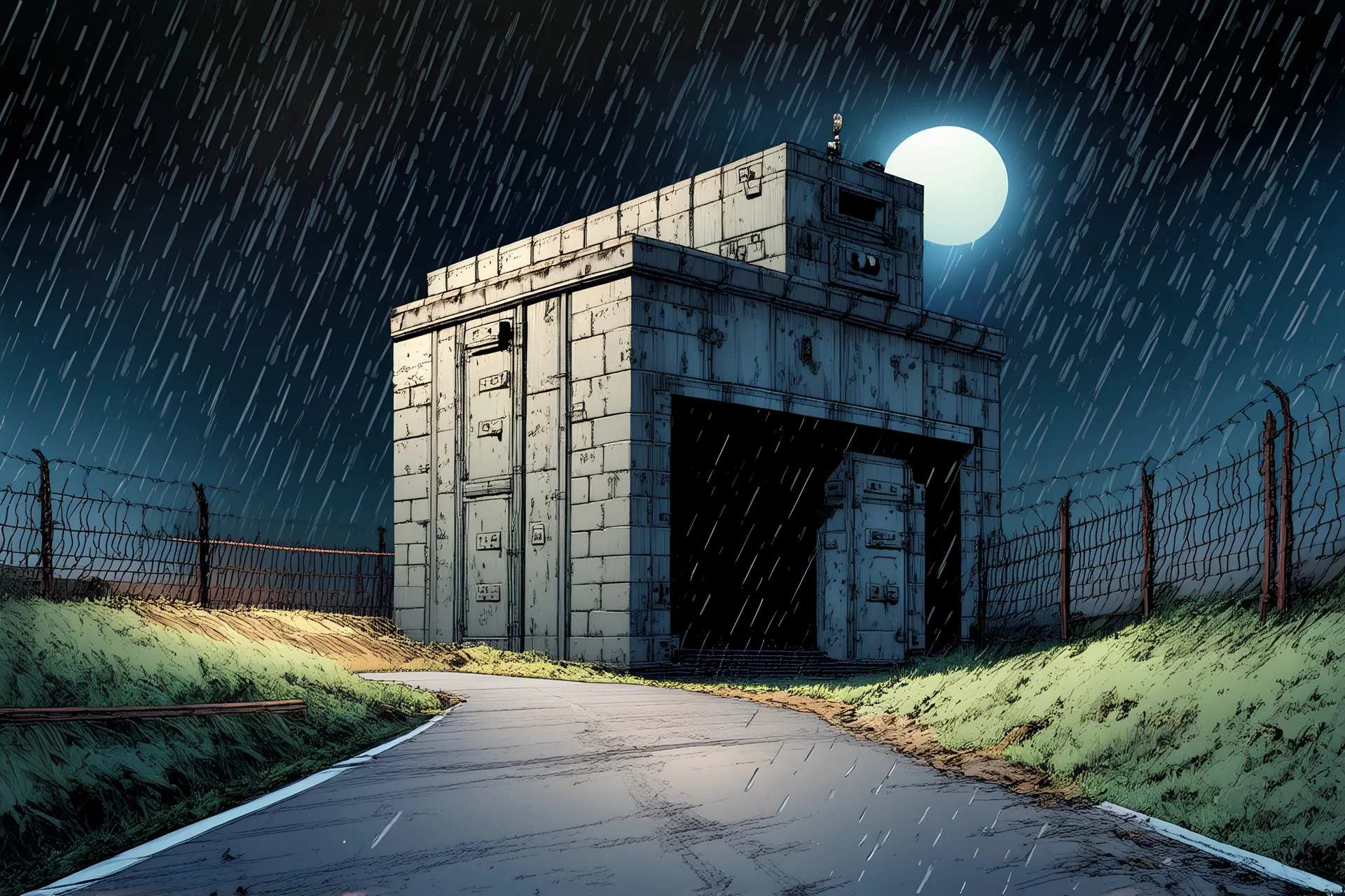 comic book style zombie apocalypse fortified bunker building. Tall walls with military watchtowers, barbed wire fences. Large armored heavy metal doors. Post apocalyptic city setting. Road leading up to it. Night, rain