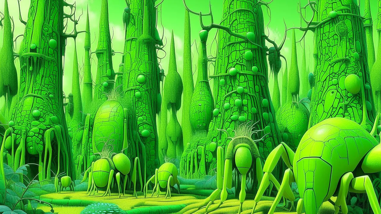A lime green forest with spiders and grasshoppers designed in Moai statues painted by Antoni Gaudi
